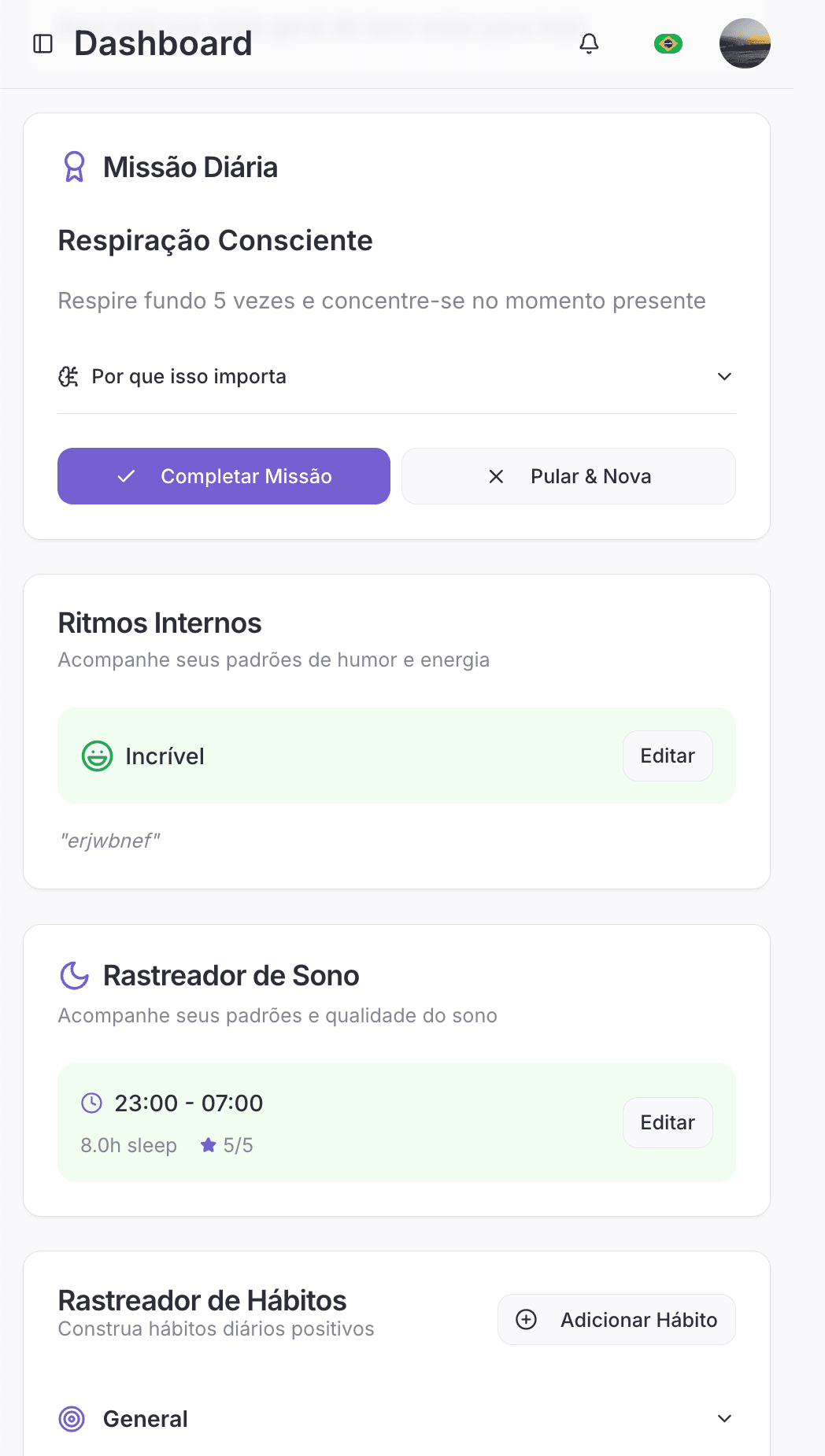 Tela do dashboard do MindVerse com missão diária e rastreadores