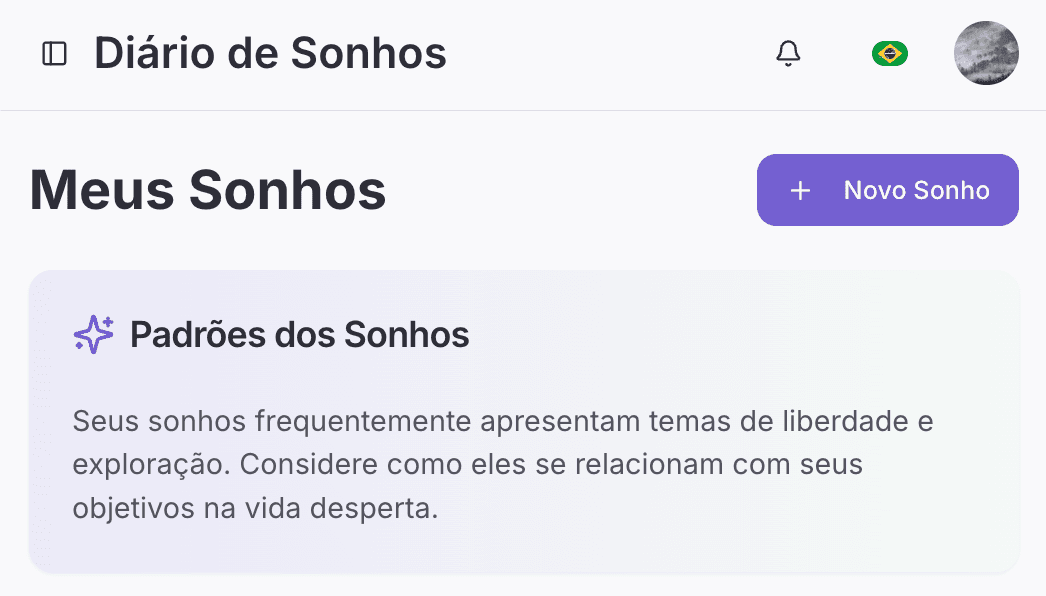 Tela do diário de sonhos do MindVerse com insights resumidos